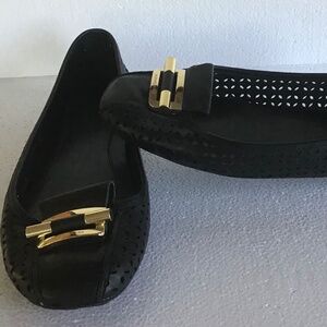 Michael Kors Women’s 9.5M Black Leather Ballet Flats Gold Accent Rubber Soles